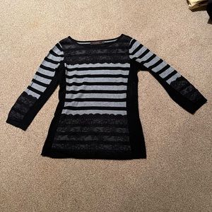 limited gray and black striped sweater with lace trim size S 3/4 lengrh sleeves